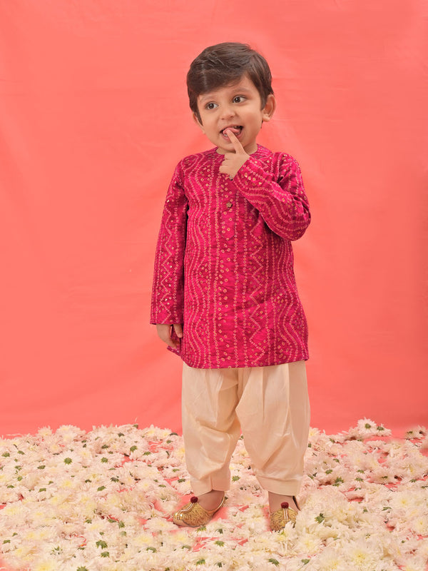 Boy's' Pink Bandhni Kurta And Patiala Set