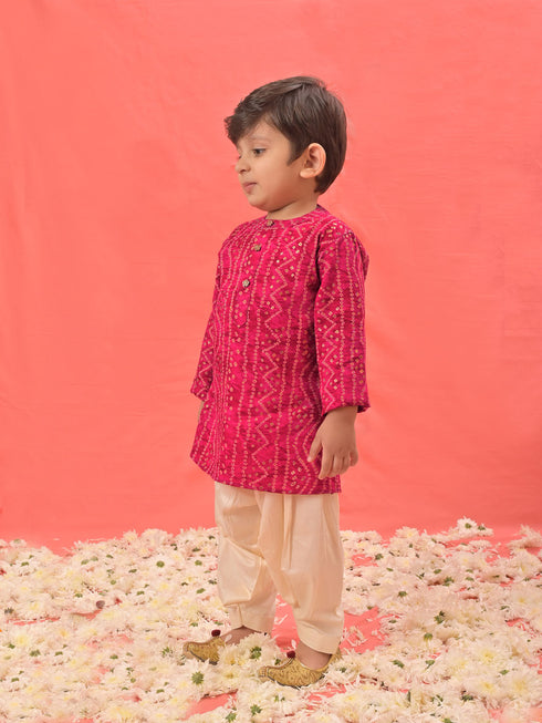 Boy's' Pink Bandhni Kurta And Patiala Set