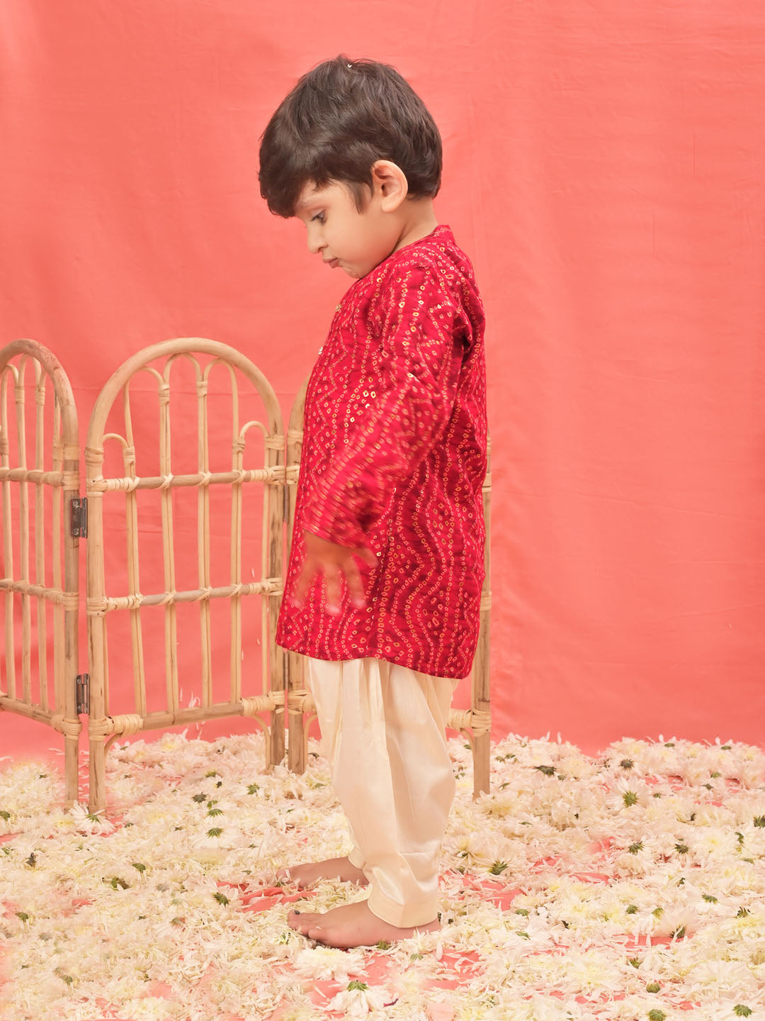 Boy's' Red Bandhni Kurta And Patiala Set