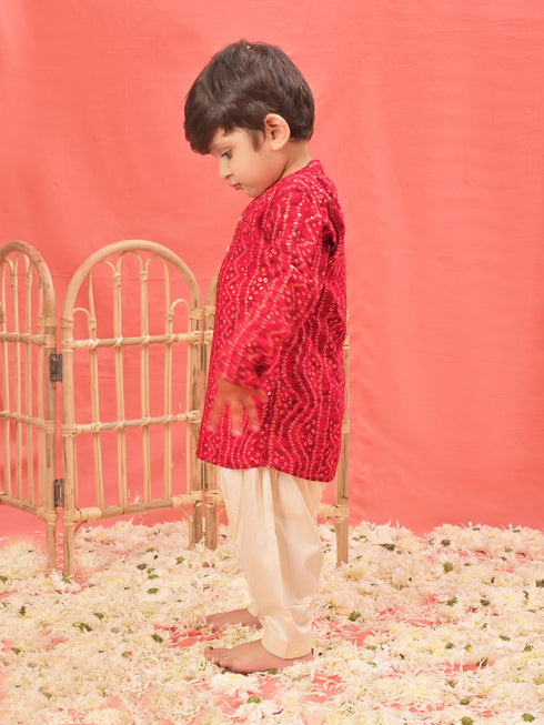 Boy's' Red Bandhni Kurta And Patiala Set