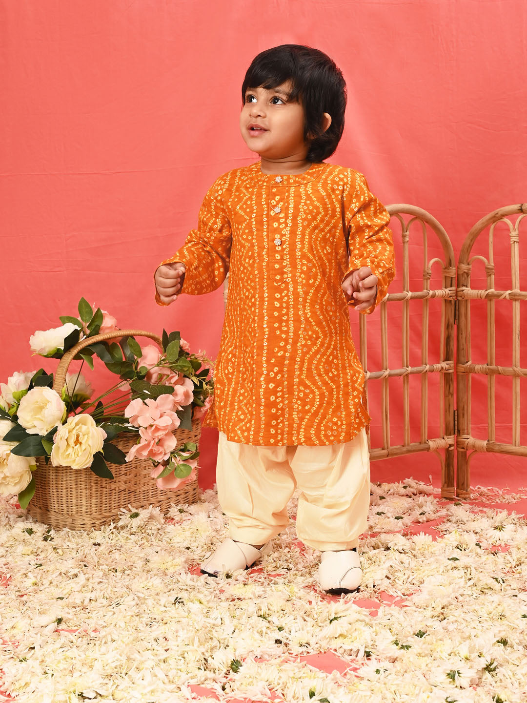Boy's' Yellow Bandhni Kurta And Patiala Set