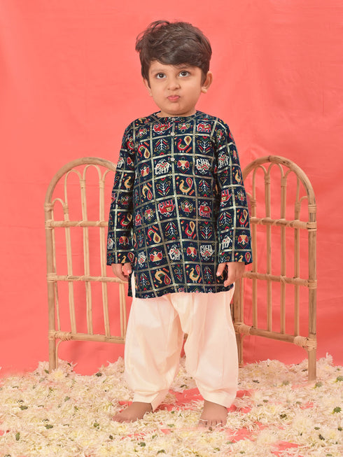 Sishu Boy's' Blue Patola Print Festive Kurta Pyjama Set