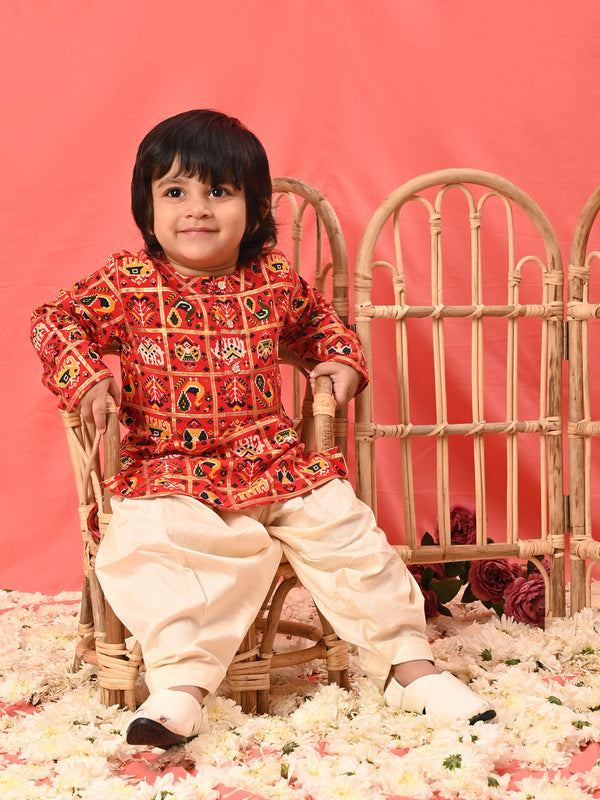 Boy's' Red Patola Print Festive Kurta Pyjama Set