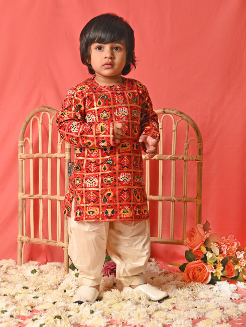 Boy's' Red Patola Print Festive Kurta Pyjama Set