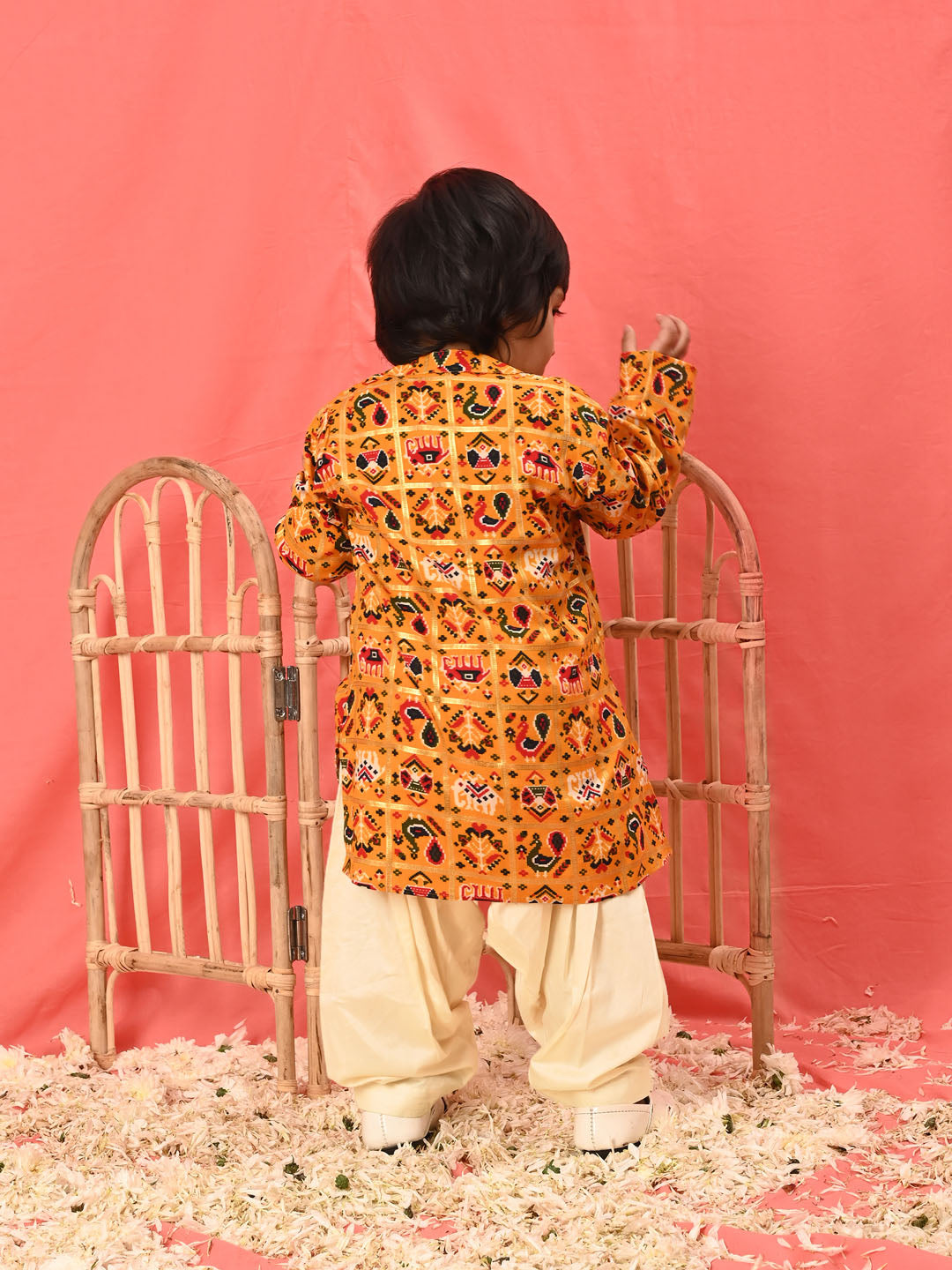 Boy's Yellow Patola Print Festive Kurta Pyjama Set