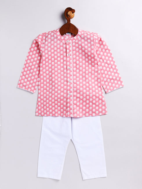 Infant Boy's Pink And White Cotton Kurta Pyjama Set