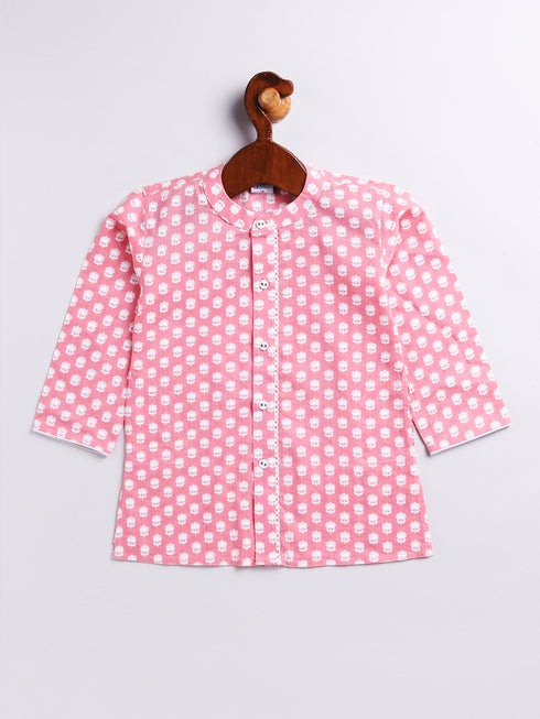 Infant Boy's Pink And White Cotton Kurta Pyjama Set