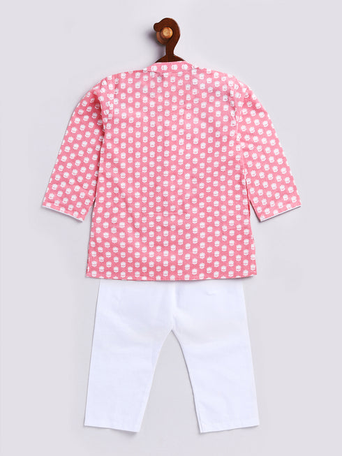 Infant Boy's Pink And White Cotton Kurta Pyjama Set