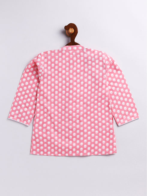 Infant Boy's Pink And White Cotton Kurta Pyjama Set