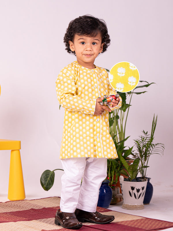 Infant Boy's Yellow And White Cotton Kurta Pyjama Set