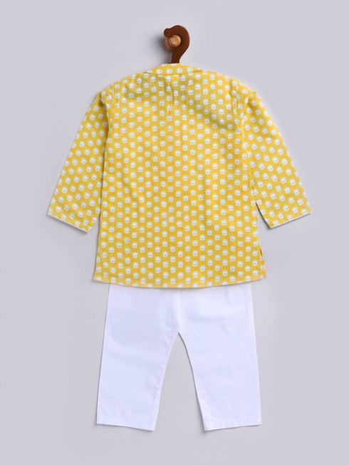 Infant Boy's Yellow And White Cotton Kurta Pyjama Set