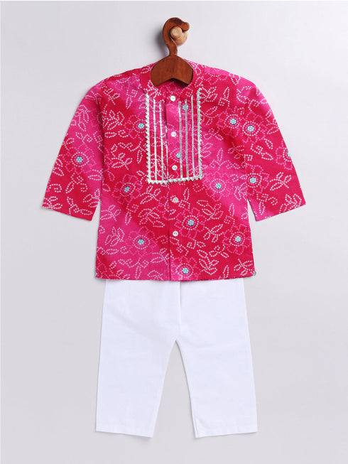Infant Boy's Pink And White Cotton Kurta Pyjama Set