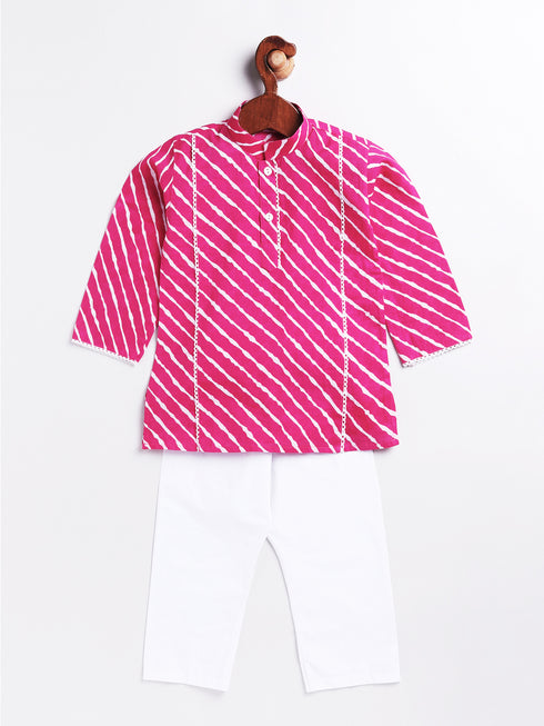 Infant Boy's Pink And White Cotton Kurta Pyjama Set