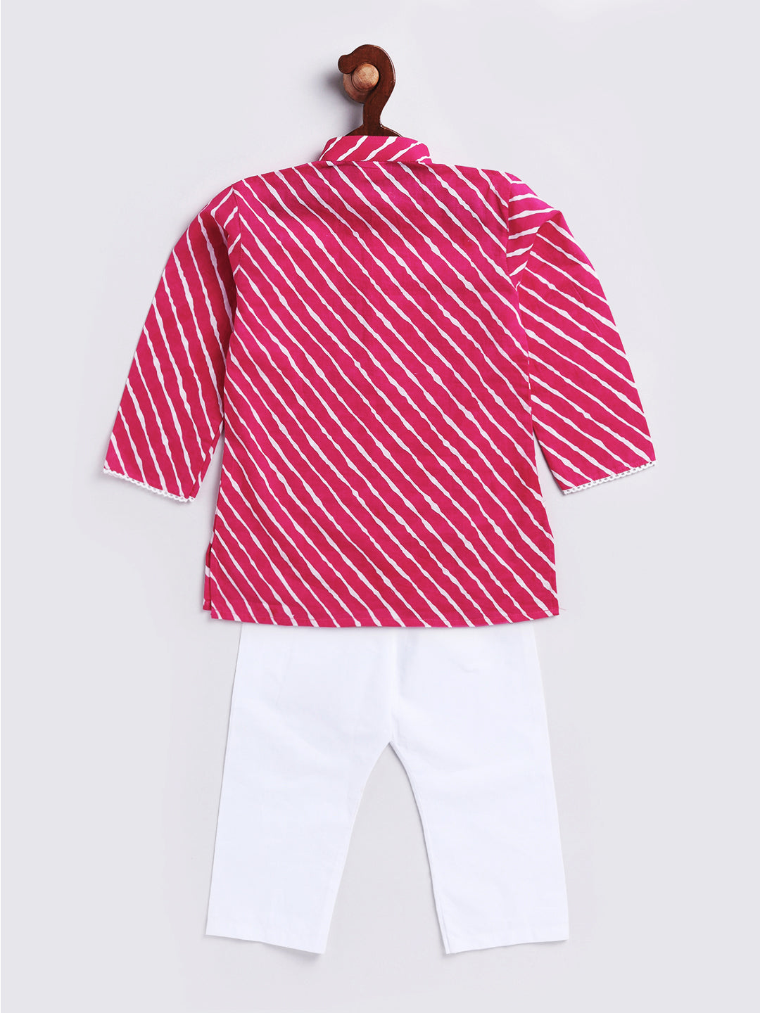 Infant Boy's Pink And White Cotton Kurta Pyjama Set