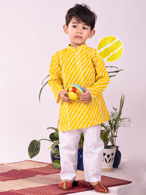 Infant Boy's Yellow And White Cotton Kurta Pyjama Set