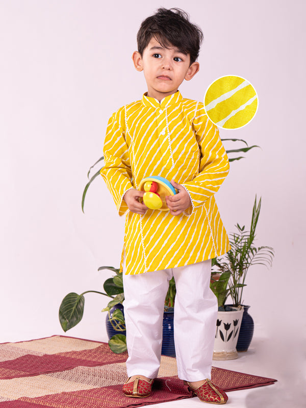 Infant Boy's Yellow And White Cotton Kurta Pyjama Set