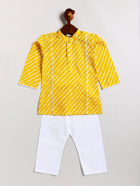 Infant Boy's Yellow And White Cotton Kurta Pyjama Set