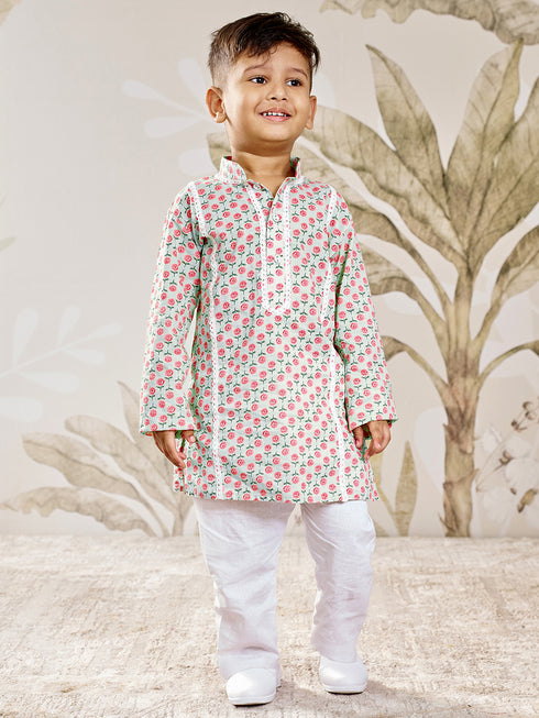 Boy's Aqua Cotton Kurta Pyjama Set