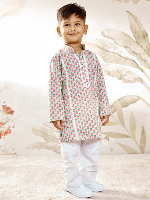 Boy's Aqua Cotton Kurta Pyjama Set