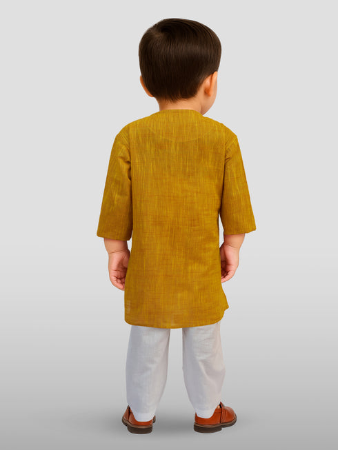 Baby Boy's Mustard Embroidered Cotton Kurta Pyjama Set For Janmashtami