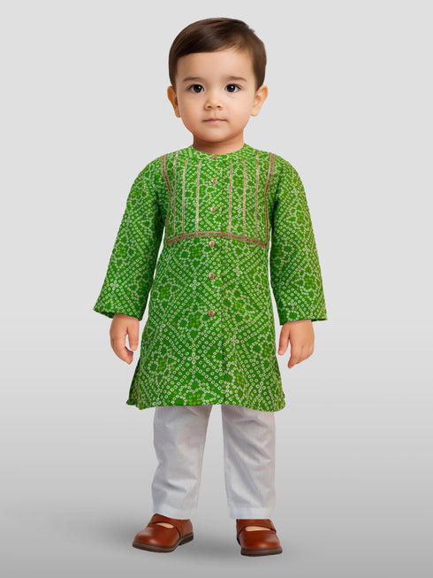 Boys Green Cotton Bandhani Kurta with White Pyjama Set Digital Print
