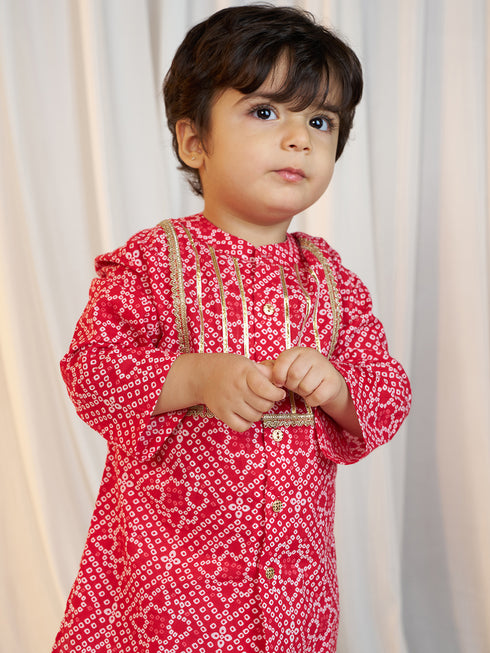 Boys Red Cotton Bandhani Kurta Pyjama Set with Digital Print