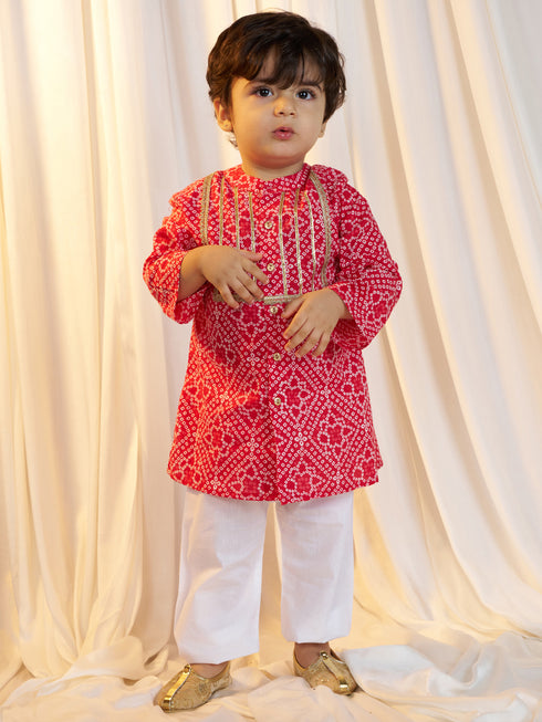 Boys Red Cotton Bandhani Kurta Pyjama Set with Digital Print