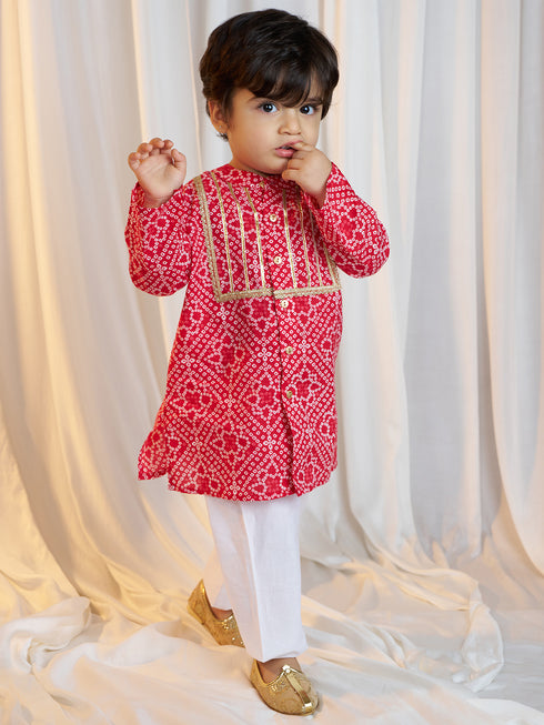 Boys Red Cotton Bandhani Kurta Pyjama Set with Digital Print