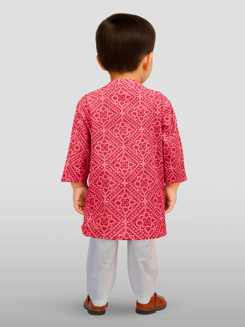 Boys Red Cotton Bandhani Kurta Pyjama Set with Digital Print