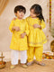 Boys Yellow Cotton Bandhani Kurta with White Pyjama Set Digital Print