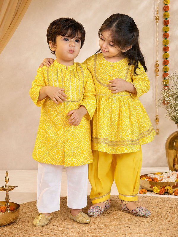 Girls Yellow Cotton Bandhani Kurta Patiala Set with Digital Print