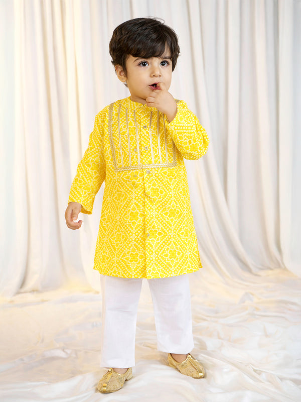 Boys Yellow Cotton Bandhani Kurta with White Pyjama Set Digital Print
