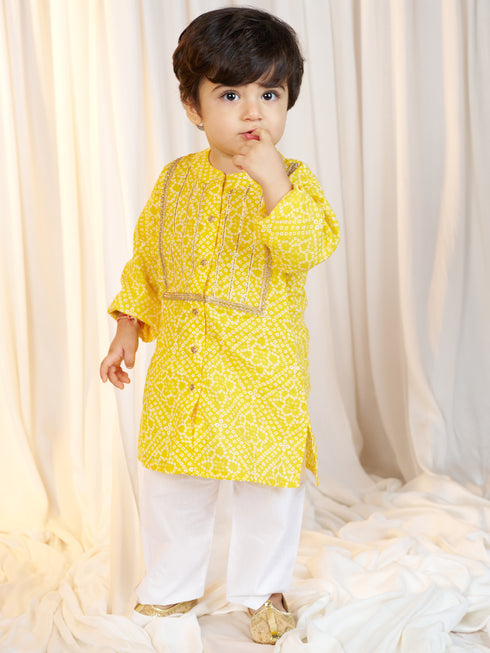 Boys Yellow Cotton Bandhani Kurta with White Pyjama Set Digital Print