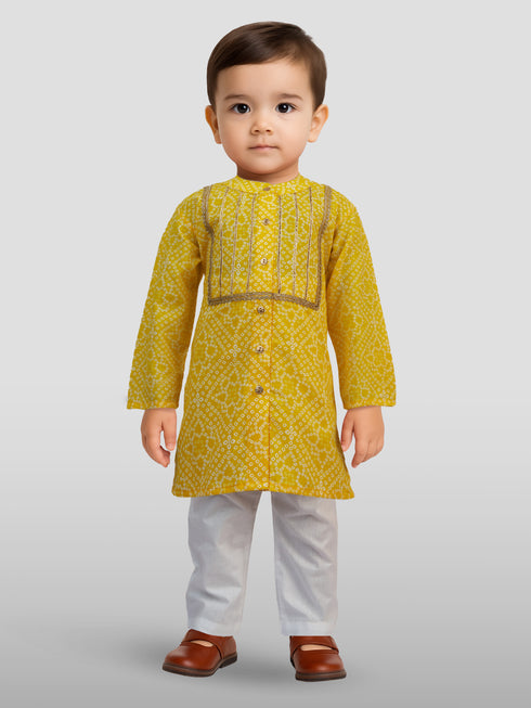 Boys Yellow Cotton Bandhani Kurta with White Pyjama Set Digital Print