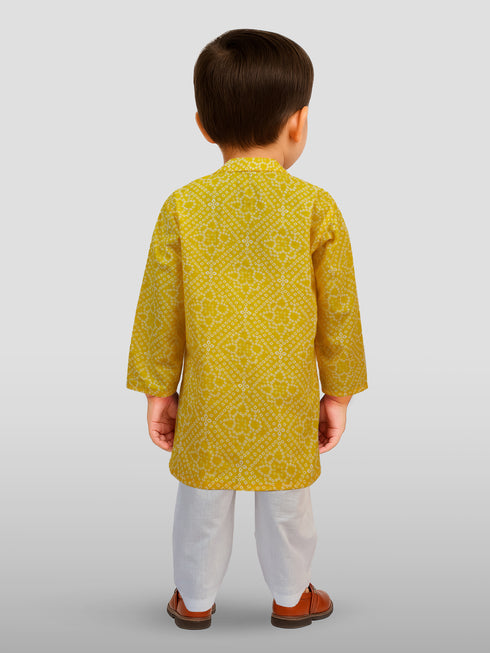 Boys Yellow Cotton Bandhani Kurta with White Pyjama Set Digital Print