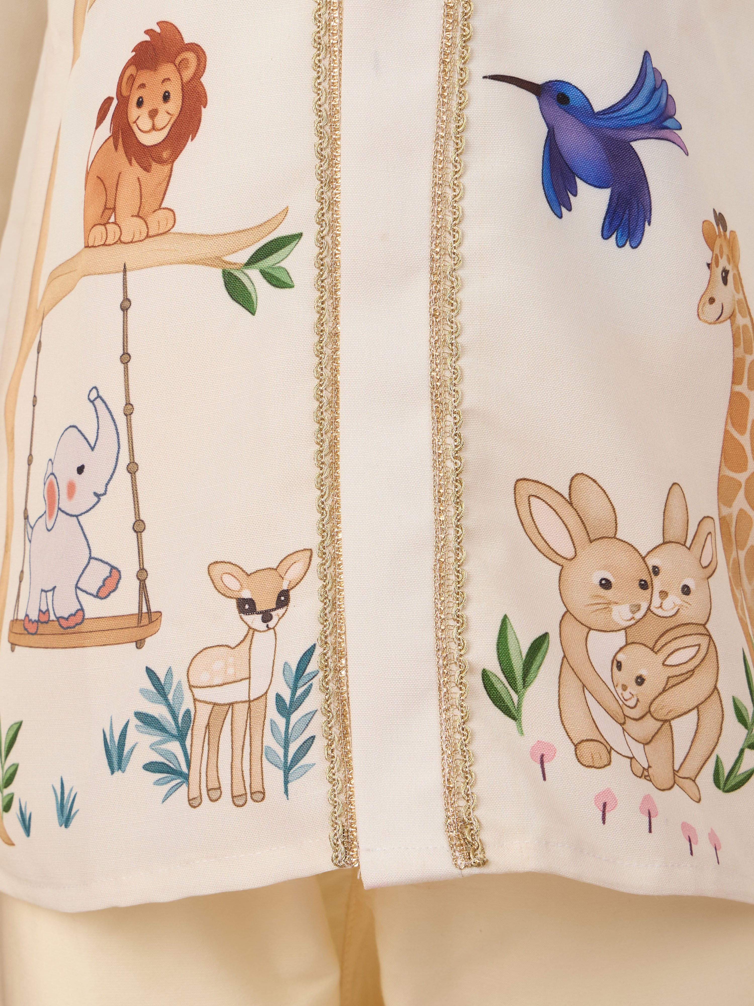 Boys Off White Rayon Animal Print Kurta with Cream Pyjama