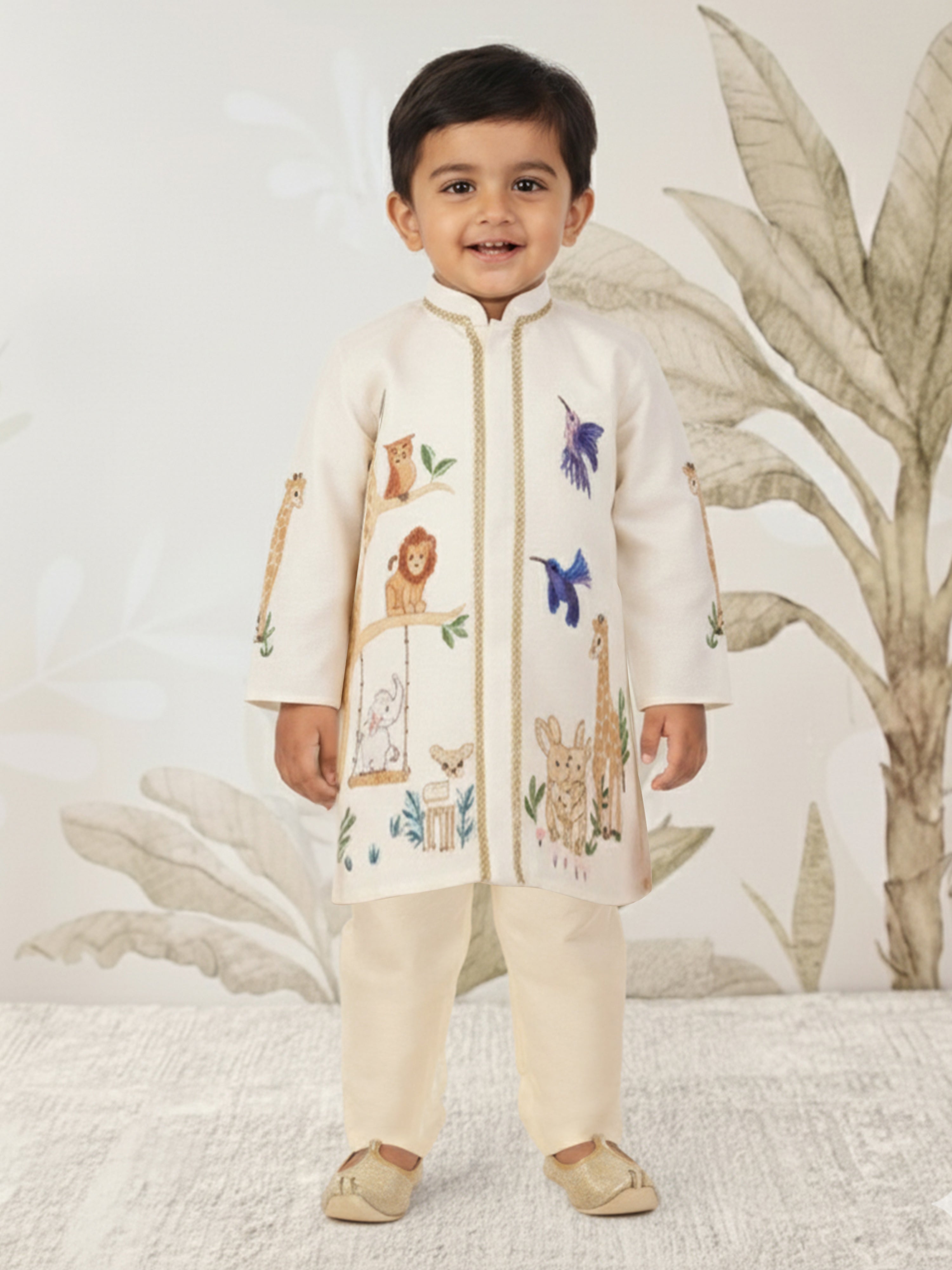 Boys Off White Rayon Animal Print Kurta with Cream Pyjama