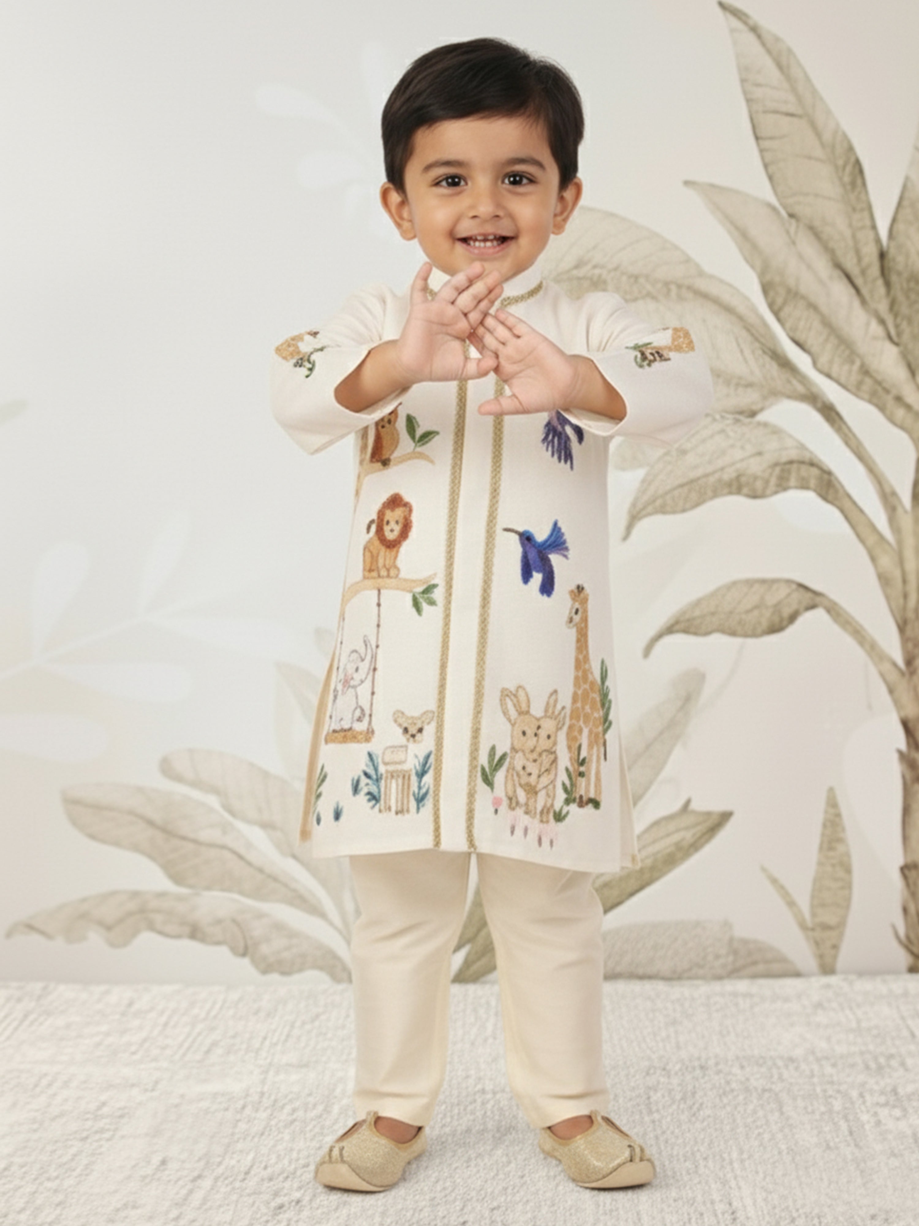 Boys Off White Rayon Animal Print Kurta with Cream Pyjama