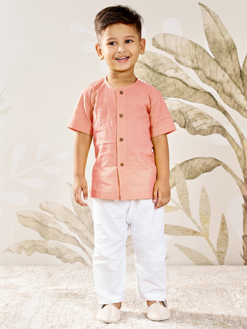 Boy's Peach Cotton Kurta Pyjama Set