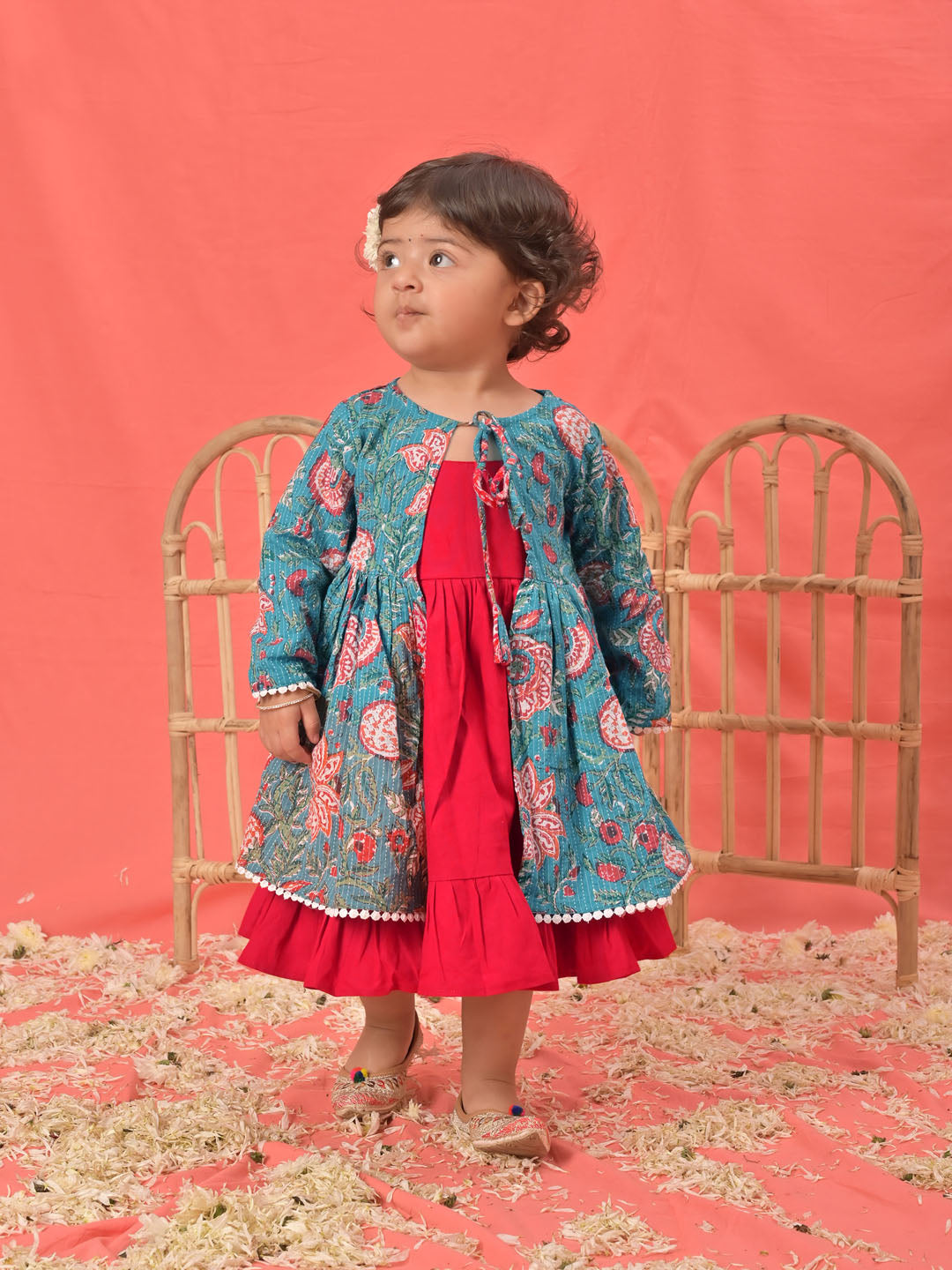 Girl's Red Anarkali Dress With Printed Jacket