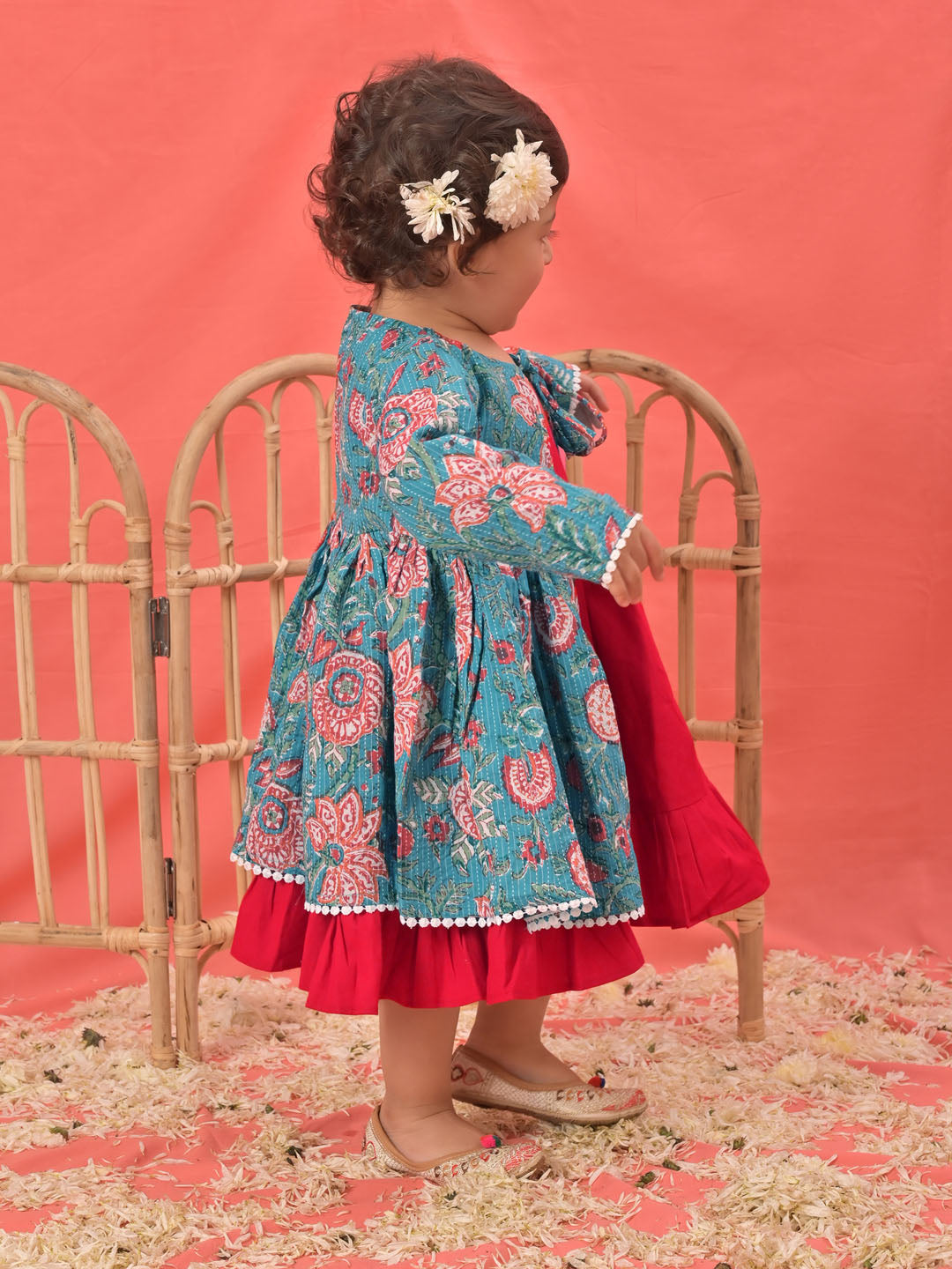 Girl's Red Anarkali Dress With Printed Jacket