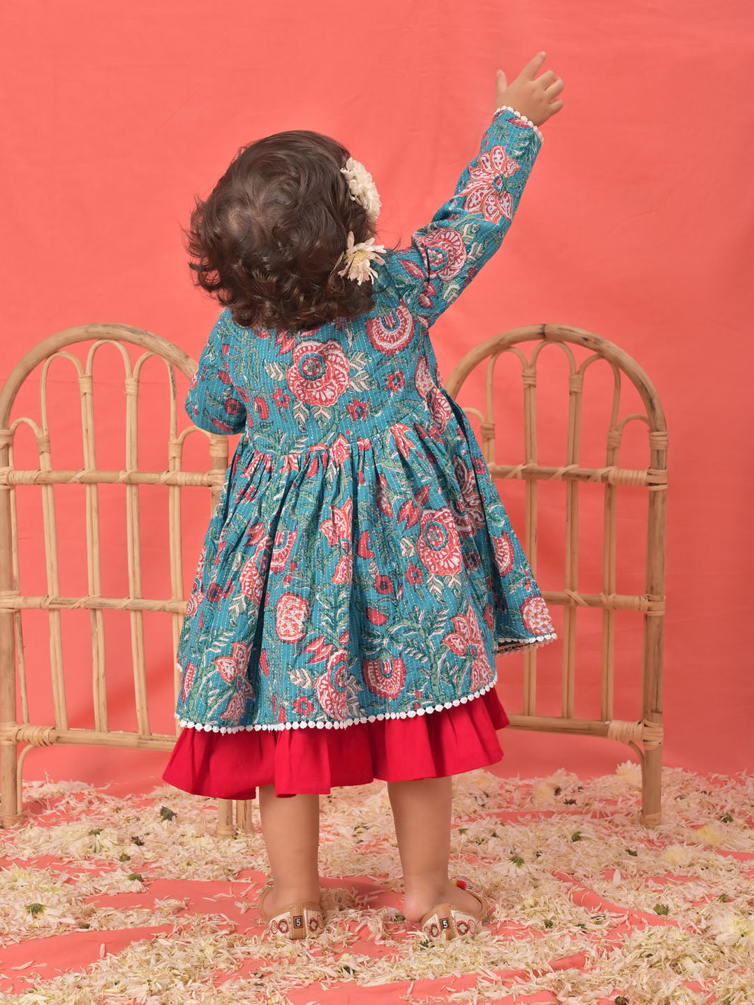 Girl's Red Anarkali Dress With Printed Jacket