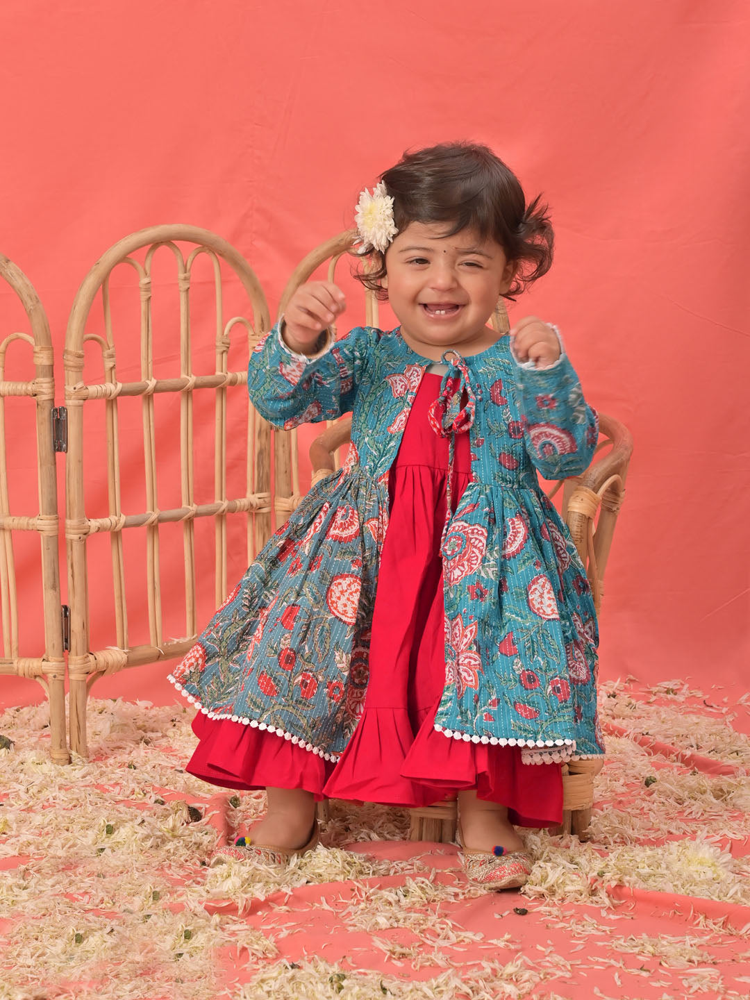 Girl's Red Anarkali Dress With Printed Jacket