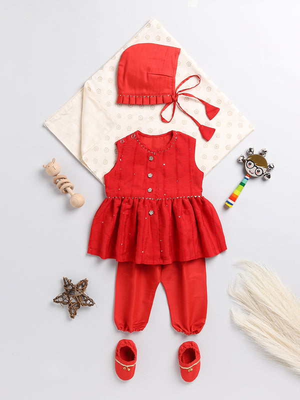 Girl's' Red Chanderi Ethnic Combo Set