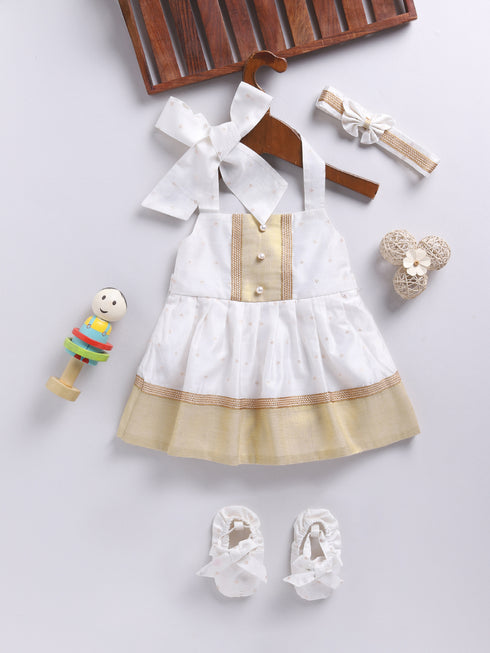 Girl's' White Frock, Shoe And Head Band