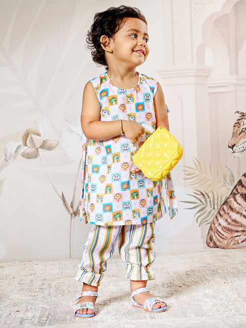 Girl's White Cotton Printed Top & Pant Set