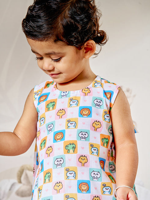 Girl's White Cotton Printed Top & Pant Set