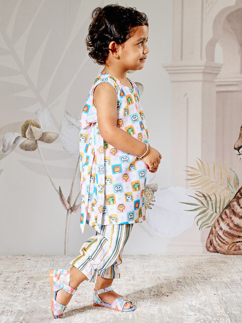 Girl's White Cotton Printed Top & Pant Set
