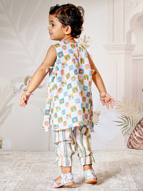 Girl's White Cotton Printed Top & Pant Set