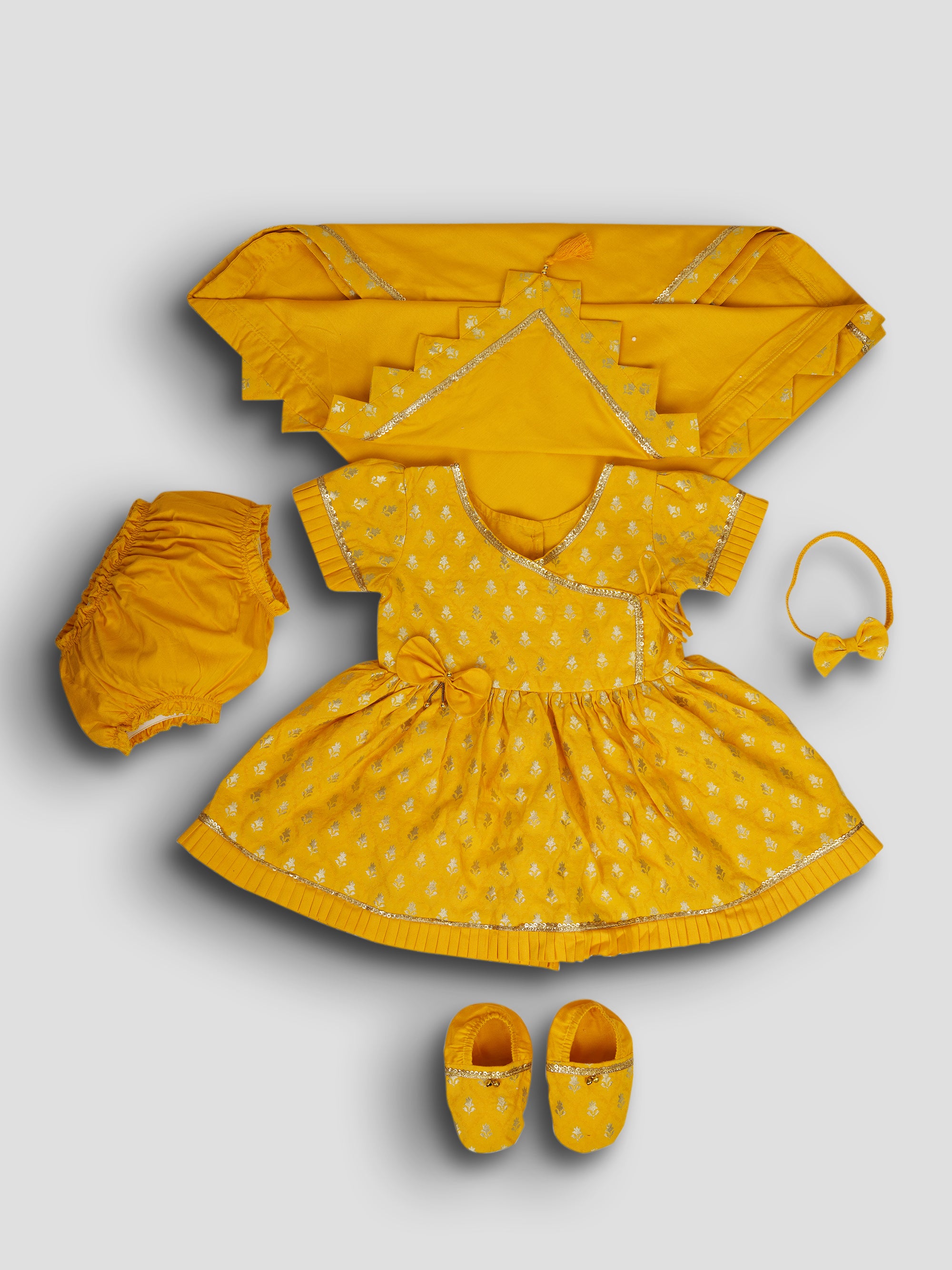 Girl's Mustard Jacquard Angrakha Kurta with Pant, Hairband, Shoe & Swaddle Set